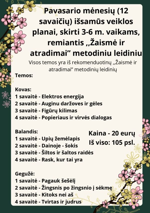Pavasario mėnesių (12 savaičių) išsamūs veiklos planai, skirti 3-6 m. vaikams, remiantis ,,Žaismė ir atradimai” metodiniu leidiniu (WORD, 105 p.)