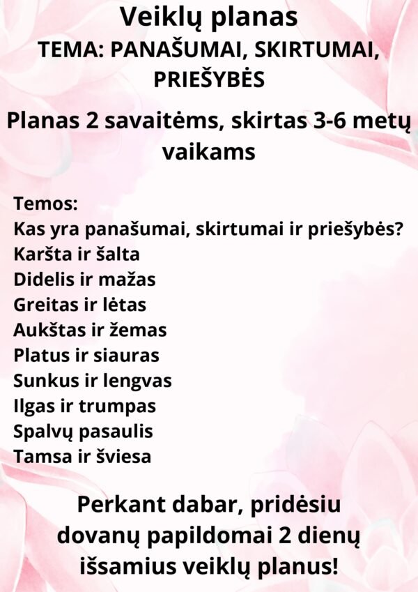 Veiklos planai 2 savaitėms, tema - panašumai, skirtumai, priešybės (WORD)