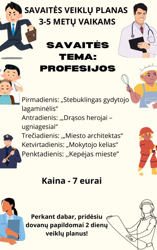 SAVAITĖS VEIKLŲ PLANAS  3-6 METŲ VAIKAMS TEMA - ,,PROFESIJOS"