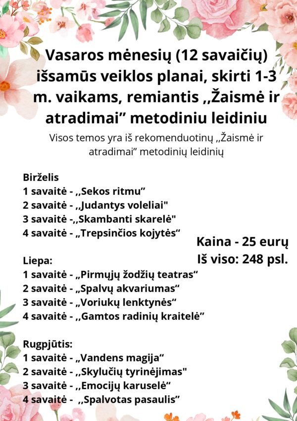 Vasaros mėnesių (12 savaičių) išsamūs veiklos planai, skirti 1-3 m. vaikams, remiantis ,,Žaismė ir atradimai” metodiniu leidiniu (WORD, 248 p.)