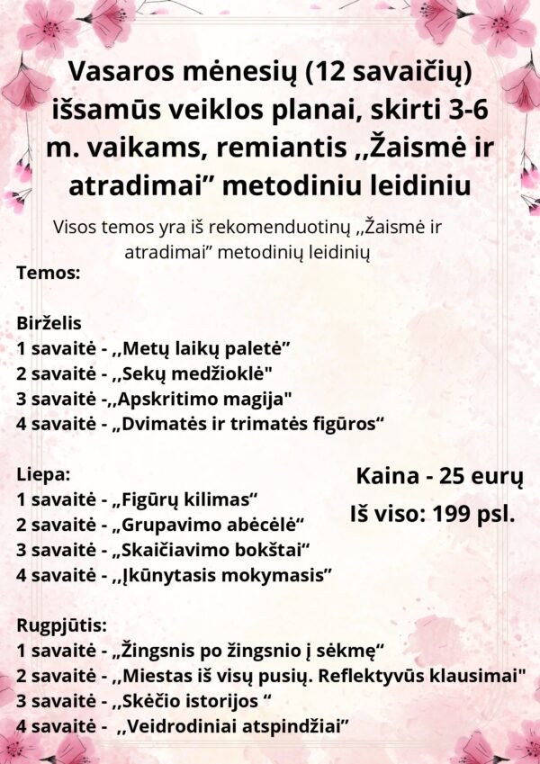 Vasaros mėnesių (12 savaičių) išsamūs veiklos planai, skirti 3-6 m. vaikams, remiantis ,,Žaismė ir atradimai” metodiniu leidiniu (WORD, 199 P.)