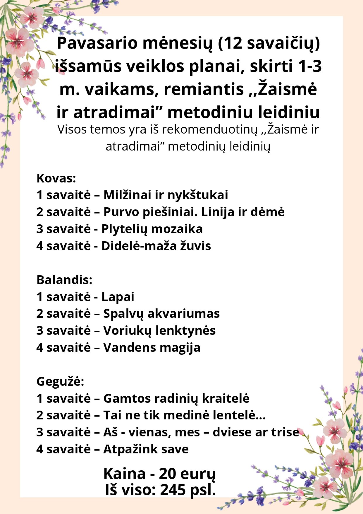 2026 m. Pavasario veiklos planai (12 savaičių) 1-3 metų vaikams, remiantis ,,Žaismė ir atradimai” metodiniu leidiniu (WORD, 245 P.) - Image 2