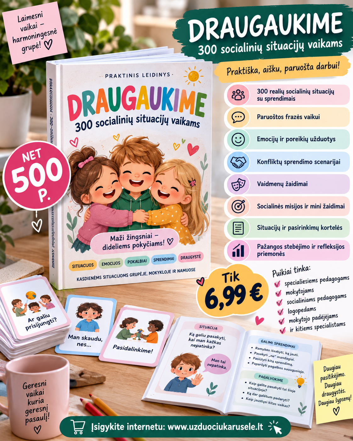 DRAUGAUKIME – 300 socialinių situacijų vaikams (WORD, 500+ P.)