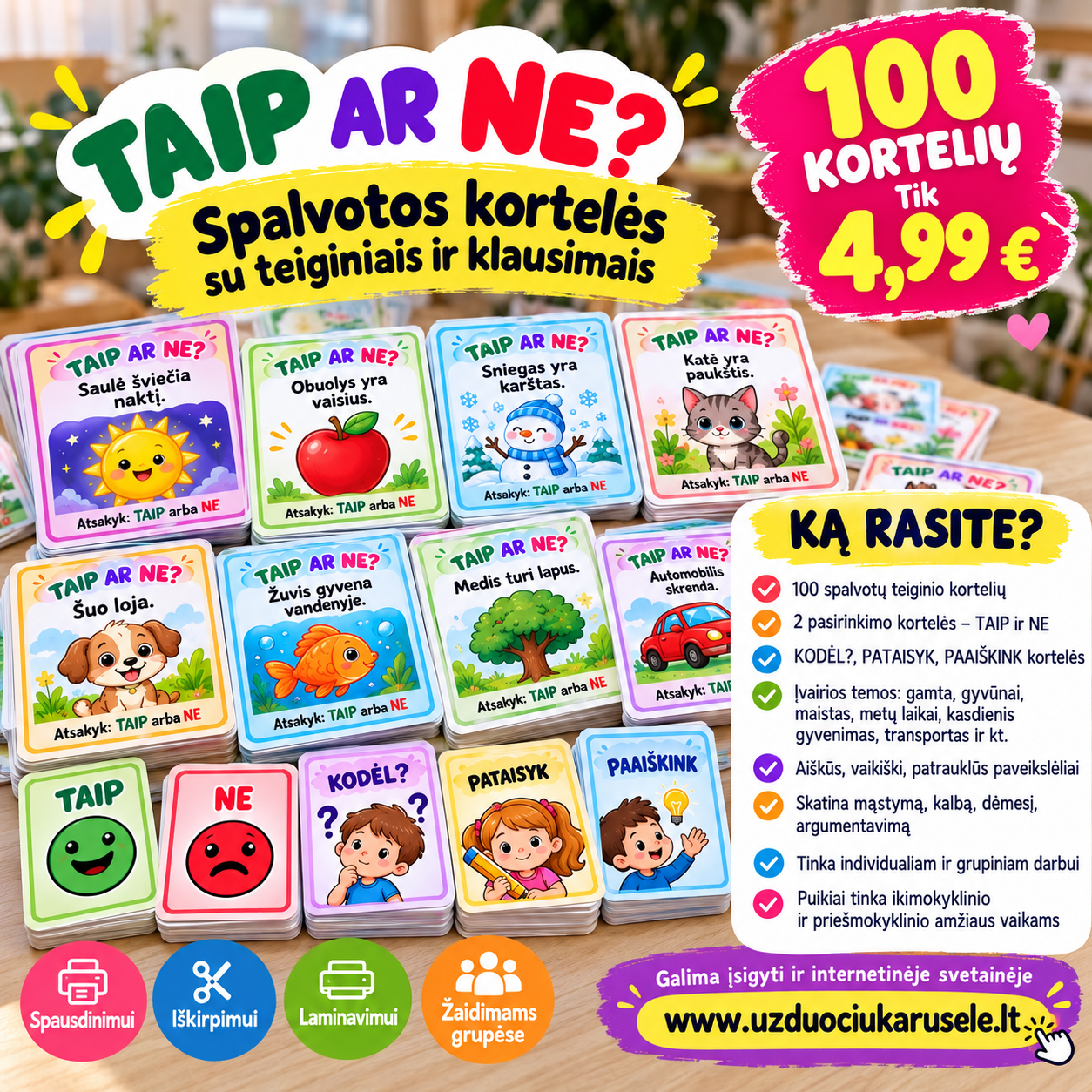 TAIP AR NE? – 100 spalvotų kortelių (PDF)