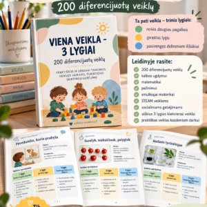 VIENA VEIKLA – 3 LYGIAI - 200 diferencijuotų veiklų skirtingų gebėjimų vaikams (WORD, 500+ P.)