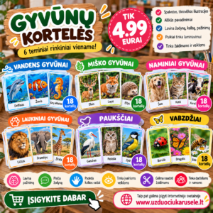 GYVŪNŲ KORTELĖS – 6 TEMINIAI RINKINIAI VIENAME! (PDF)