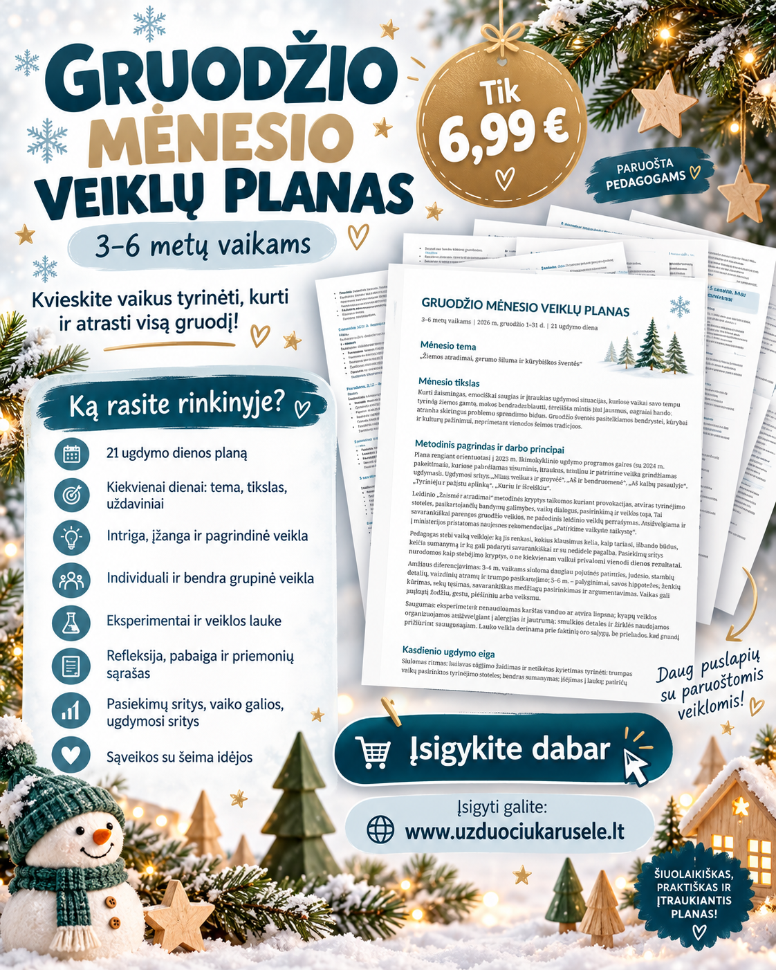 GRUODŽIO MĖNESIO VEIKLŲ PLANĄ 3–6 METŲ VAIKAMS (WORD, 100+ P.)