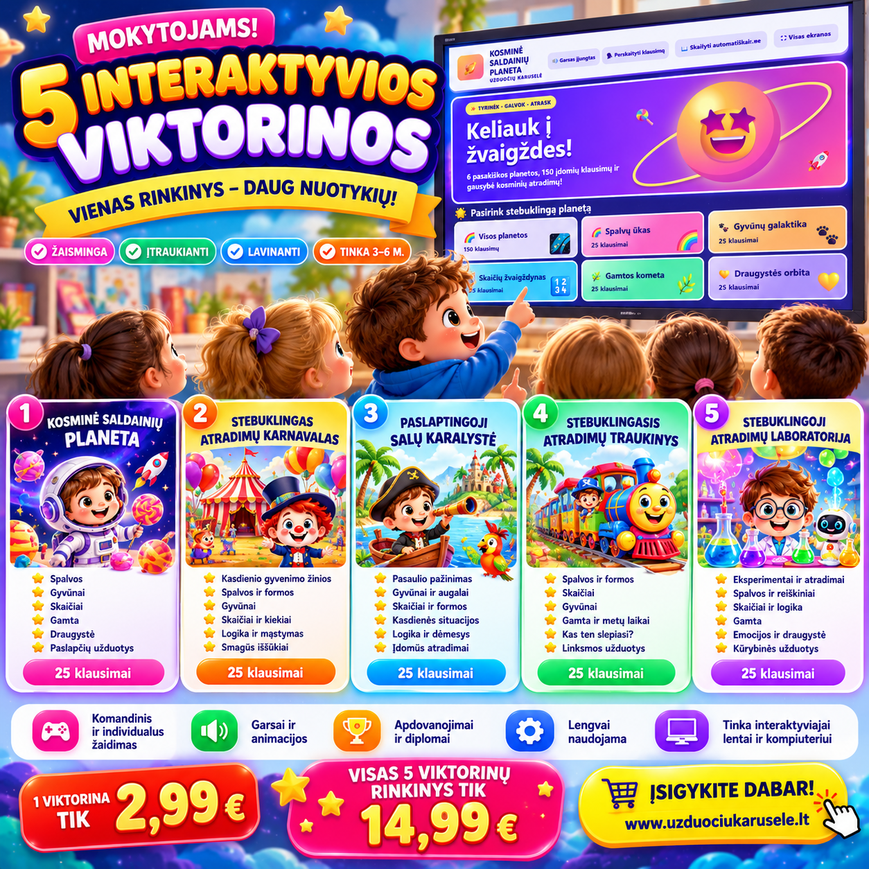 5 INTERAKTYVIOS VIKTORINOS – VIENAS SPALVINGAS NUOTYKIŲ RINKINYS!