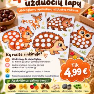 40 skirtingų A4 užduočių lapų vaikams! (PDF, 40 P.)