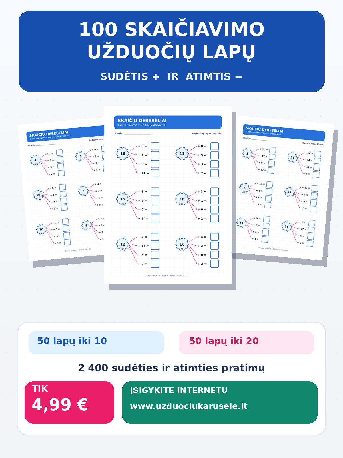 100 SKAIČIAVIMO UŽDUOČIŲ LAPŲ – MOKYTIS MATEMATIKOS DAR SMAGIAU! (PDF)